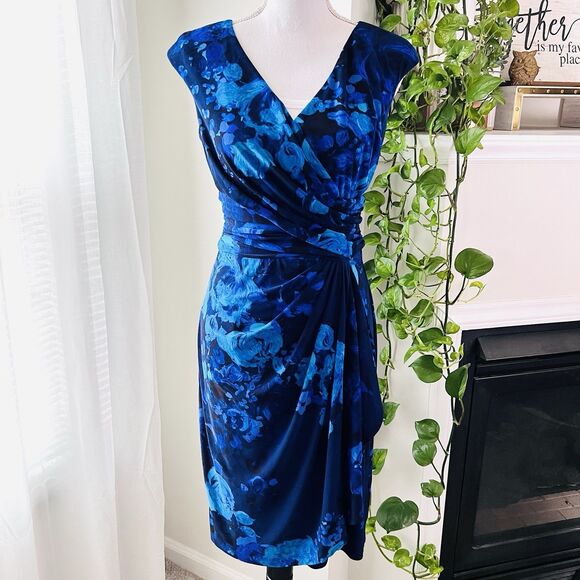 Gorgeous CHAPS Ralph Lauren Blue Floral Suplice Faux Wrap Pencil Dress - Small - Picture 1 of 7